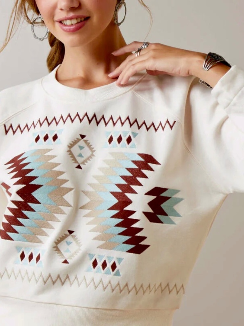 Ariat Wild West Sweatshirt Southwestern Embroidered Pullover Cream Pink Sz M